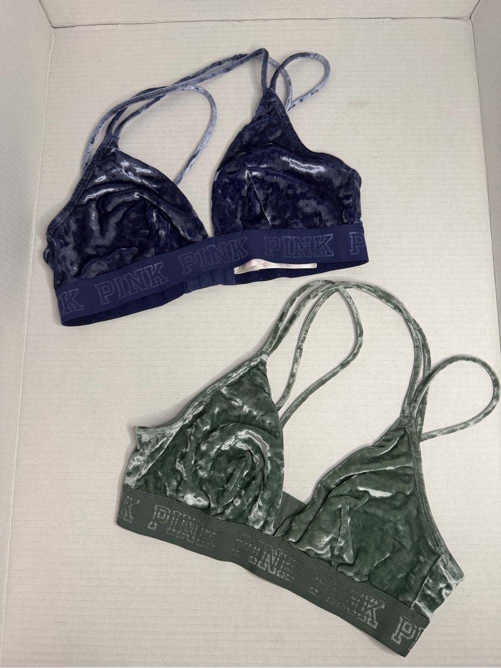 2 Victoria's Secret Pink Velvet Unlined Bra Bralettes Blue And Green Medium
